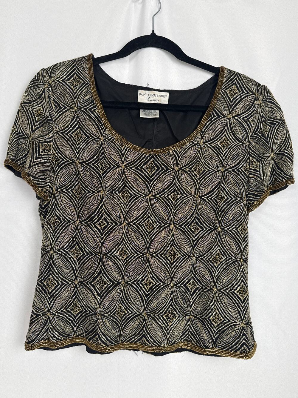 Papell Boutique Vintage Womens Beaded Silk Top Size Large Black Evening